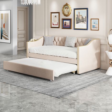 Sureh – Canapé-lit 2 places 90x200 – Lit gigogne rabattable avec sommier à lattes – Tissu lin beige pour couchage confortable (1/5)