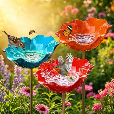 Lot de 3 abreuvoirs à oiseaux en métal - Forme de fleur - Abreuvoir d'abeille coloré - Résistant à l'hiver - Pour pelouse, parterre et terrasse - Abreuvoir à insectes pour abeilles et papillons (1/5)