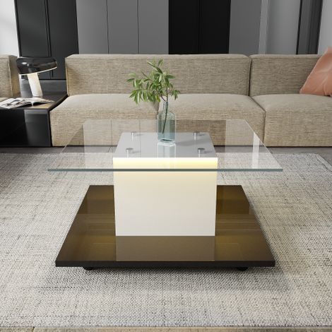 Mesa de centro cuadrada blanca y negra, tablero de cristal brillante, mesa de salón móvil con ruedas giratorias, 80x80x40 cm (1/5)