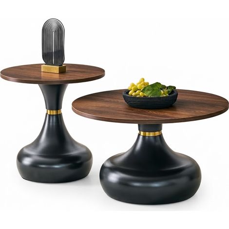 ELVMI Runde Couchtische im 2er Set mit Verschachtelbarem Design, Walnussoptik und Metallgestell für Wohnzimmer Schwarz (1/5)
