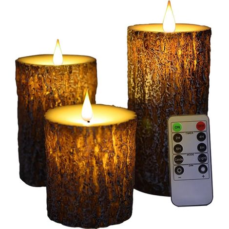 Ensemble de 3 bougies sans flamme à écorce de pin LED, bougies en cire véritable à piles avec mèche en forme de larme vacillante, bougies piliers décoratives électriques à écorce avec télécommande et (1/5)