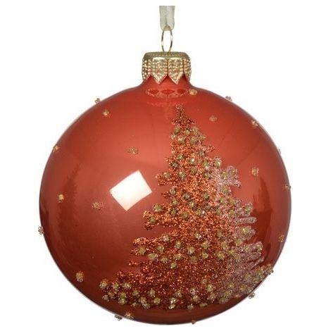 Pallina de Navidad de vidrio color calabaza con árbol 8 cm