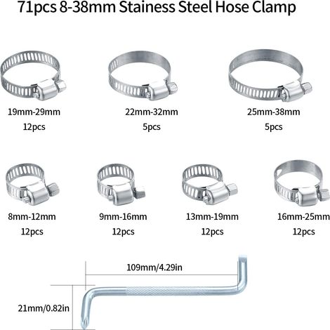 Collier de Serrage Réglables, Tuyau Clips, Colliers de Serrage en Acier Inoxydable, Pinces de Tuyau pour Tube A'automobiles, Piscine, 71 Pièces/8-38 mm (1/5)
