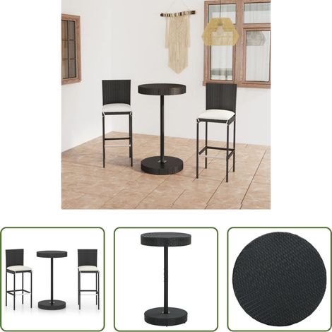 vidaXL Tabouret de bar - Ensemble de bar de jardin 3 pcs et coussins Résine tressée Noir (1/5)
