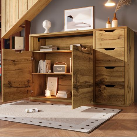 Credenza 150 x 40 x 90 cm effetto rovere, 2 ante, 4 cassetti HAVRYA (1/5)