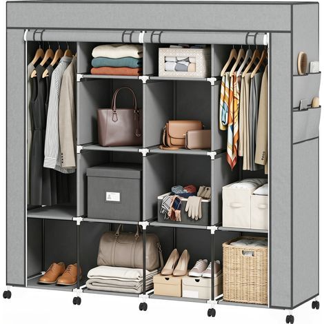 Armadio guardaroba in tessuto, mobile contenitore su ruote con 10 scomparti, barre appendiabiti, grigio (1/5)
