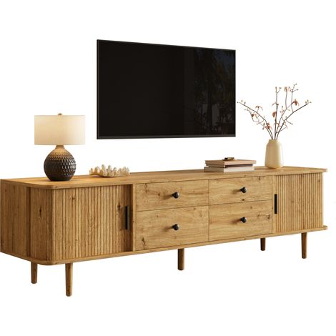 Mueble bajo para TV de 165 cm, mueble para TV de MDF con 4 cajones y 2 puertas correderas, amplio espacio de almacenamiento, esquinas redondeadas. (1/5)