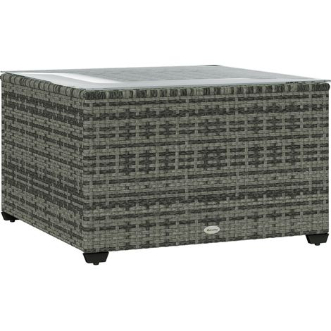 Outsunny Outdoor Coffee Table with Glass Top, Rattan Side Table, Light Grey