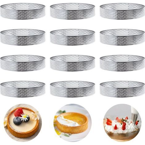 12 Pieces Ø10cm Perforated Pastry Rings, 430 Stainless Steel Tart Rings, Pastry Molds for Quiches, Cakes, Mini Pizzas (1/4)