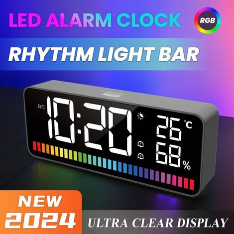 Horloge LED avec bande lumineuse rythmique équipée de types d'affichage/15 couleurs d'affichage/2 bandes lumineuses de couleur RVB 15 2 (1/5)