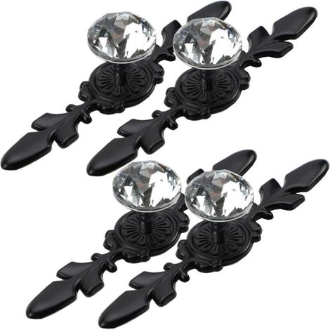 Schwarze Kristall-Möbelgriffe [4er-Set] — Vintage-Kommodenschubladengriffe, dekorative Kristallglasgriffe im Diamant-Stil mit Sockel (schwarzes Kristall, 12 cm)