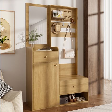 Kompaktgarderobe mit Spiegel, 105 x 38 x 180 cm, 2 Schubladen, Holzfarbe HAVRYA (1/5)