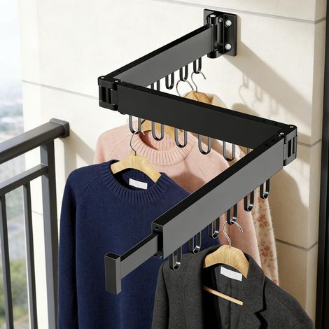 128 cm Foldable and Retractable Wall Mounted Clothes Airer with 3 Airers, Space Saving - Ideal for Balconies, Bathrooms and Laundry Rooms, Black (1/5)