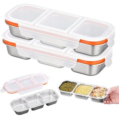 Confezione da 2 contenitori per snack in acciaio inox con 3 scomparti, capacità 600 ml, a prova di perdite, ideali per la scuola e il lavoro. (1/5)
