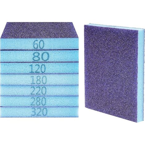 Lot de 8 Eponge Abrasive, Bloc de Poncage Fin, Eponge a Poncer, Papier a Poncer, Papier Abrasif Sec et Humide pour Bois, Table, Cloisons Sèches, Métal, Grains 60/80/120/180/220/280/320 (1/5)