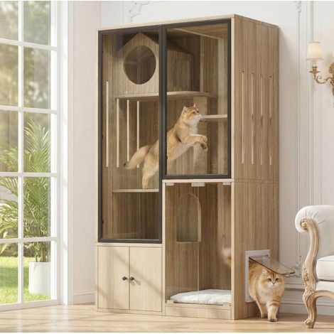 Villa d'intérieur pour chats en MDF et verre 90 x 50 x 160 cm naturel OKWISH (1/5)