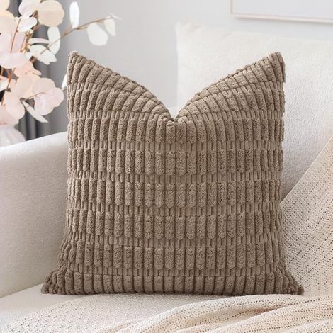 Set di 1 federa per cuscino in velluto a coste，40 x 40 cm，morbidissimi cuscini decorativi quadrati a righe in stile Boho，marrone (1/4)