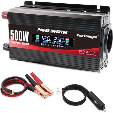 Convertisseur 12v 220v 500W/1000W onduleur de Voiture, Convertisseur pour Voiture avec écran LCD Moniteur, 3.1A Double transformateur de Chargeur de Voiture Rapide USB (1/5)