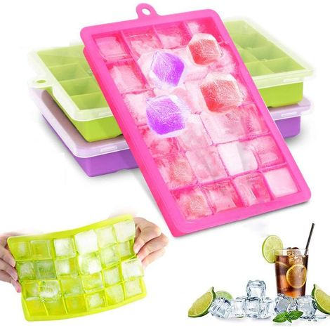 Silikon-Eisform – 24 Fächer – mit abnehmbarem Deckel – 3er-Set – Grün, Lila, Rosa (1/5)