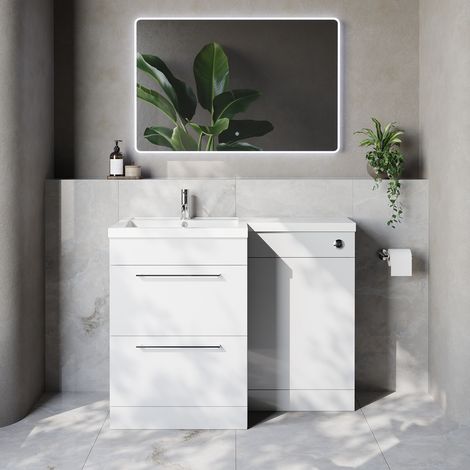 Napoli 460 Gloss White 1100mm 2 Drawer Vanity Unit Toilet Suite with Left Hand Square Lucia Basin - 1100mm - Chrome 320mm HandleWithout Kingston Toilet Pan