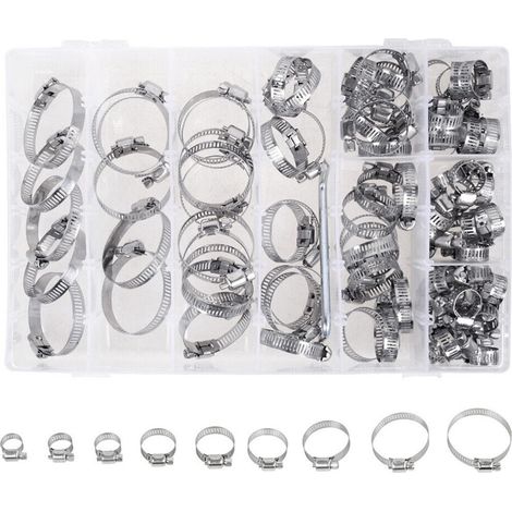 Lot de 80 à 100 colliers de serrage, acier inoxydable 201, diamètres 8 à 38 mm, pour tuyaux d'eau, conduites automobiles, gaz (1/5)