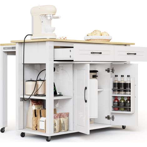 Îlot de cuisine mobile extensible de 120 cm avec bar et prises, avec 2 tiroirs et 2 portes de placard avec étagères de porte. Convient aux cuisines, salles à manger, salons, etc.