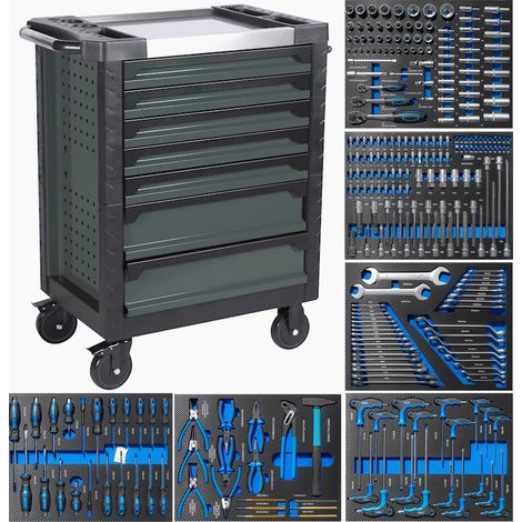 Carro de taller 7 cajones con herramienta, 6 MODULOS EVA AZUL