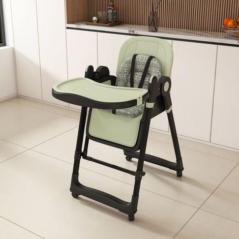 Chaise Haute Bébé 2-en-1 avec Fonction Balancelle - Siège Pliant Réglable avec Plateau Amovible Harnais 5 Points et Roulettes - Vert (1/5)