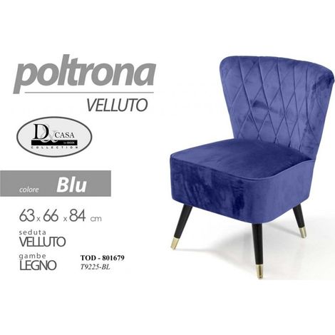 Sessel aus blauem Samt mit Holzfüßen cm 63 x 66 x 84 h