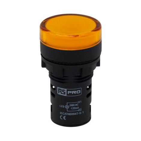 Voyant lumineux LED RS PRO Jaune 230V c.a., Ø découpe 22mm, Montage panneau, IP65 ( Prix pour Paquet de 5 )