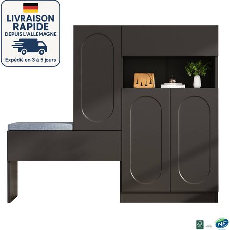MODFU - Zapatero con taburete, 3 puertas, 1 cajón, estantes regulables en altura, aparador para entrada/salón, 130×35×110cm, negro (1/5)