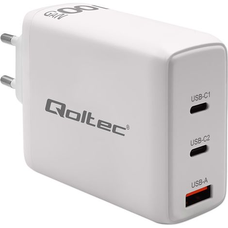 Caricabatterie da muro Qoltec GaN da 100 W 5-20 V 1,5-5 A 2 x USB-C PD 1 x USB QC 3.0 Laptop Smartphone Bianco (1/5)