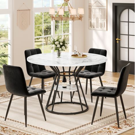 Ensemble table à manger ronde Plaquage Plaquage marbre et 4 chaises en velours noir – 100 x 100 x 76 cm (1/5)
