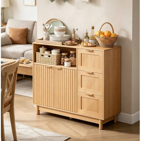 MEUBLIV Buffet 90x35x80 cm effet bois – rangement ouvert, 3 tiroirs et portes battantes (1/5)