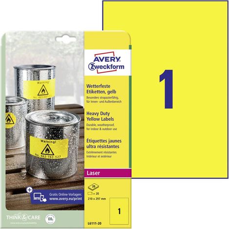Avery-Zweckform L6111-20 Etichetta a pellicola 210 x 297 mm Pellicola in poliestere Giallo 20 pz. A tenuta permanente S (1/5)