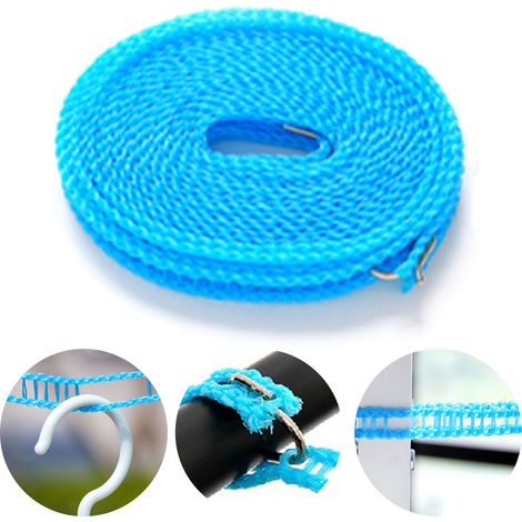 Corde à linge de 8 mètres en nylon résistant au vent et à charge soutenue, installation sans perçage, pour intérieur et extérieur, bleu