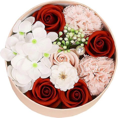 Savon Fleur Délicat Petite Boîte Ronde Bouquet de Savon Unique Coffret Cadeau Saint-Valentin Noël pour les Petites Amies (Rouge)-16.216.2cm-Red