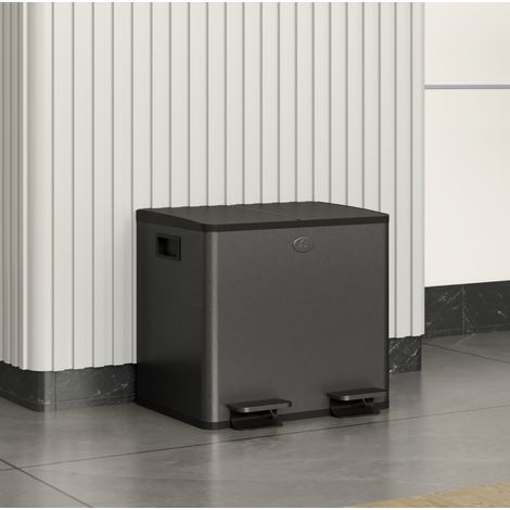 Doppel-Mülleimer 2 x 15 L mit Pedal, Soft-Close, Edelstahl, Schwarz HAVRYA (1/5)