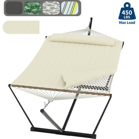 Hamac double 2 personnes – support acier réglable, coussin, toile résistante – Blanc – jardin, terrasse, plage