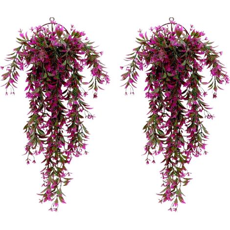 Lot de 2 plantes artificielles suspendues - 78 cm - Fleurs violettes - 5 branches avec design en rotin - Décoration pour l'intérieur et l'extérieur - Décoration murale pour jardin, mariage (1/5)