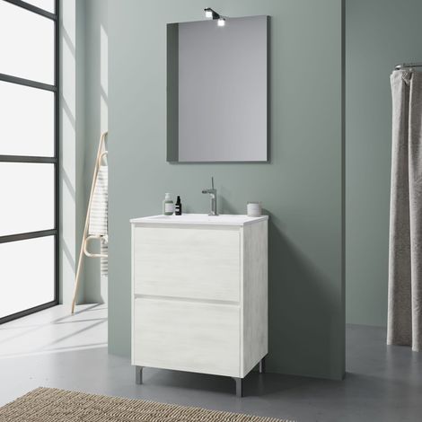 Mobile Bagno A Terra 60 Cm Bianco Con Frontale Rovere Bianco, Lavabo E Specchio Laguna (1/7)