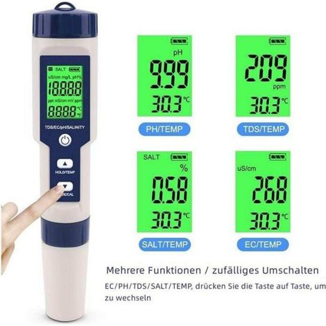 PH-Mètre, 5 En 1 PH/TDS/EC/Salinité/Tempmètre, Testeur De Moniteur De Qualité De L'eau Pour Piscines, Culture Hydroponique, Eau Po (1/4)