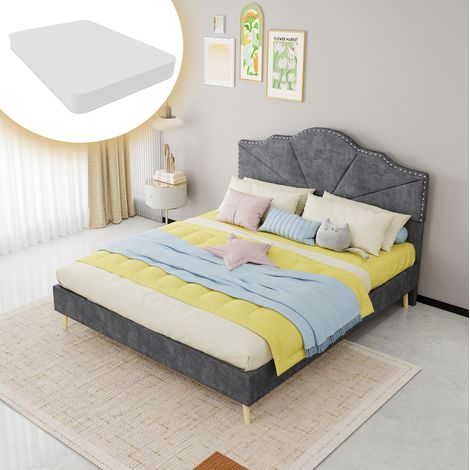 Letto matrimoniale 200x160x156 cm, testiera geometrica con borchie, materasso incluso, tessuto e metallo grigio (1/5)