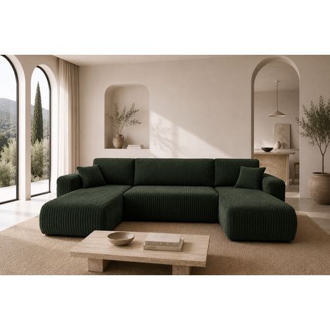Divano angolare panoramico convertibile a 6 posti in velluto a coste color verde bottiglia MELO U (1/5)