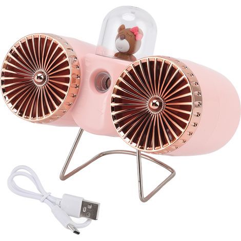 USB desk fan, double-bladed bear design, 3 speeds, strong wind charging, table night light for home, office, dorm, pink (1/5)