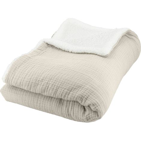 Plaid sherpa et gaze de coton 130 x 170 cm galet. ALIX. bi-matière (1/4)