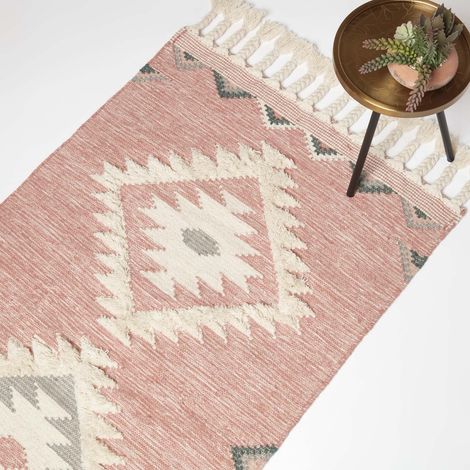 HOMESCAPES Handgewebter Kelim Teppich Pali – 160 x 230 cm, rosa-grau gemustert