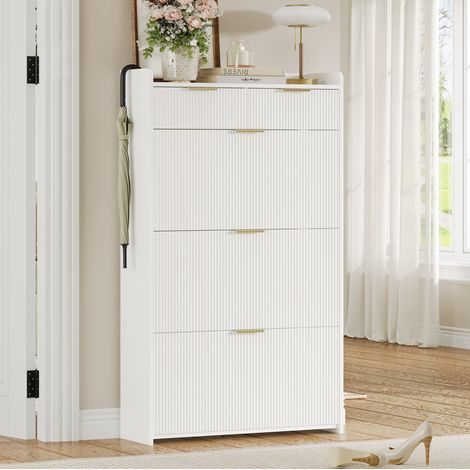 Scarpiera stretta bianca con 3 ante a ribalta e 2 cassetti, 80 × 25 × 135 cm HAVRYA (1/5)