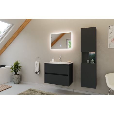 Badmöbel Set Taifun 3tlg. 70 cm mit LED Spiegel und Hochschrank Grafit