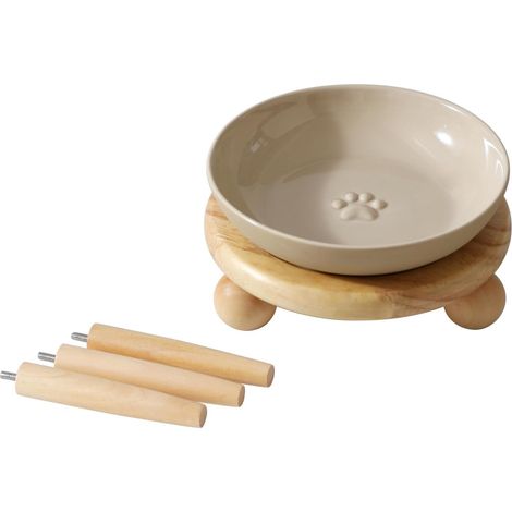 Erhöhte Katzennäpfe, Futter- und Wasserset, Keramiknapf Erhöhte Katzennäpfe, schnurrhaarfreundlich, flache 14-cm-Näpfe, breite Teller, rutschfester Holzständer, zwei Höheneinstellungen (1/5)